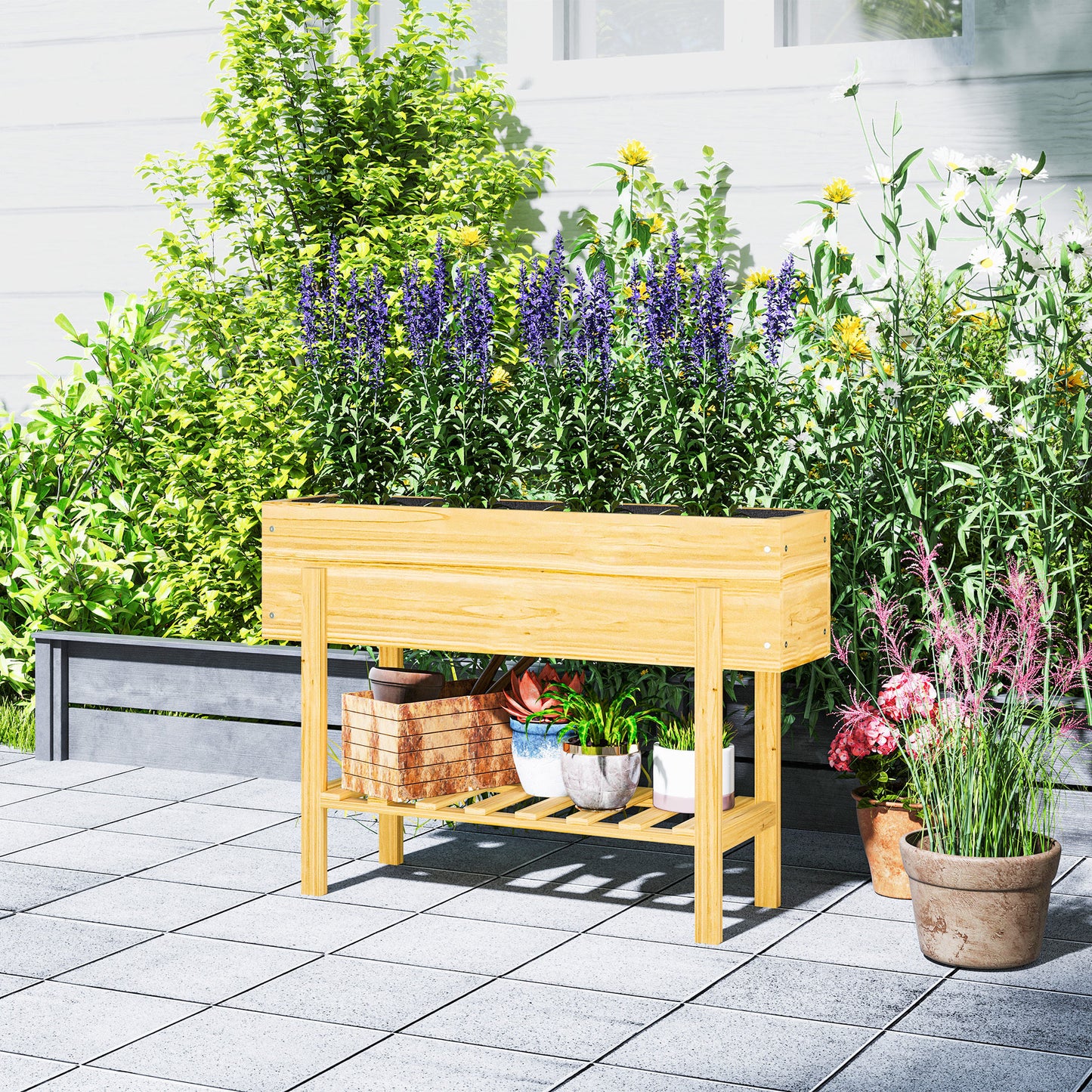 Outsunny Blumenkasten mit unterem Regal, Holzbeet mit Vlies-Auskleidung und Entwässerungslöchern, 100 x 30 x 70,5 cm, Naturholz