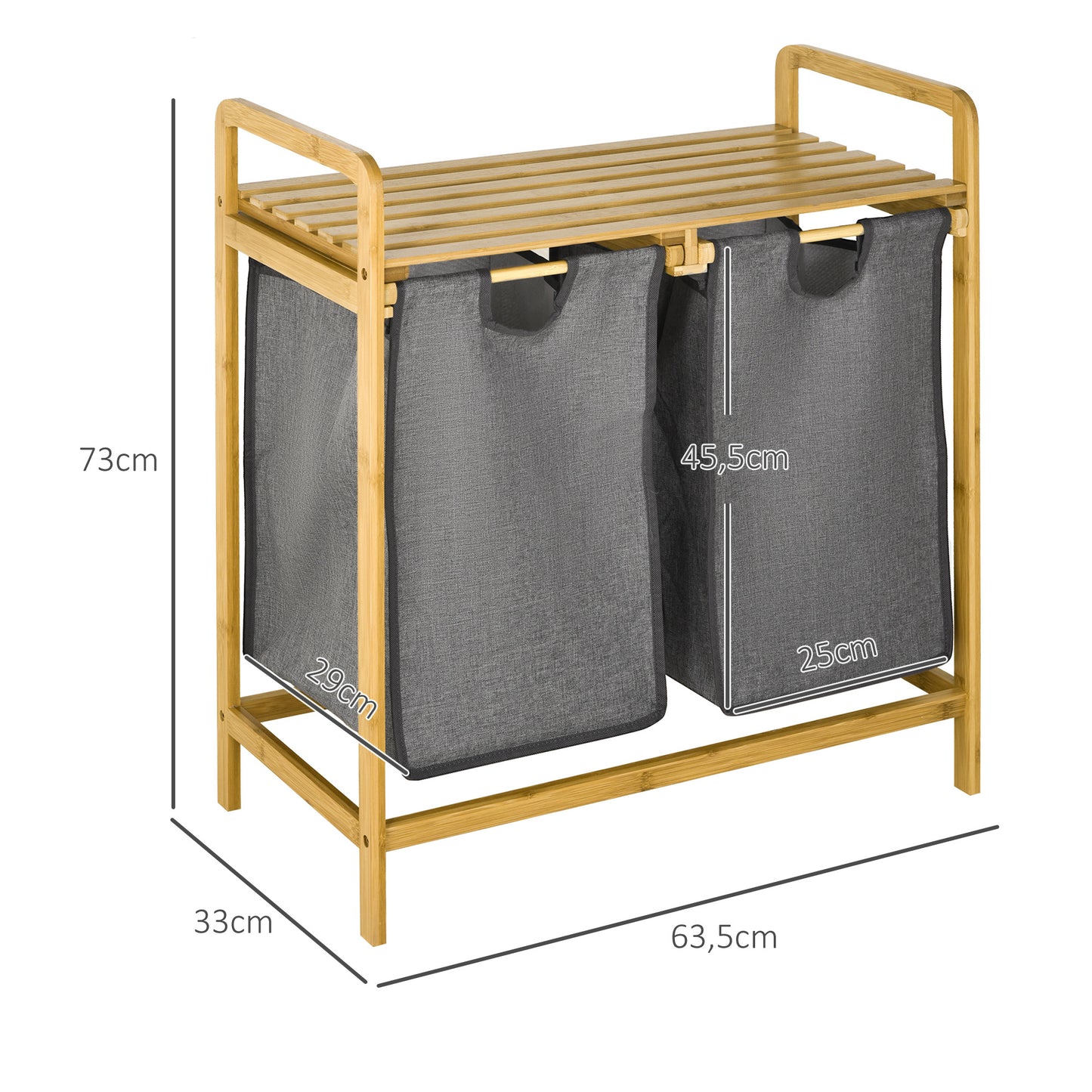 HOMCOM Wäschesammler Wäschekorb, 2 Wäschesäcke, 2 Griffe, Bambus, 63,5 x 33 x 73 cm, Grau + Natur