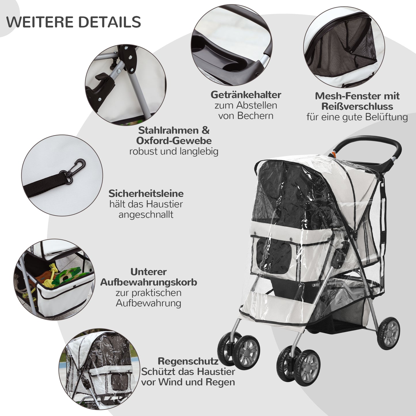 PawHut Hundebuggy Hundewagen bis 10 kg Klappbar Regenschutz Bodenkorb 2 Becherhalter 75 cm x 45 cm x 97 cm Grau