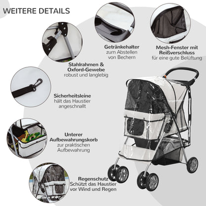 PawHut Hundebuggy Hundewagen bis 10 kg Klappbar Regenschutz Bodenkorb 2 Becherhalter 75 cm x 45 cm x 97 cm Grau
