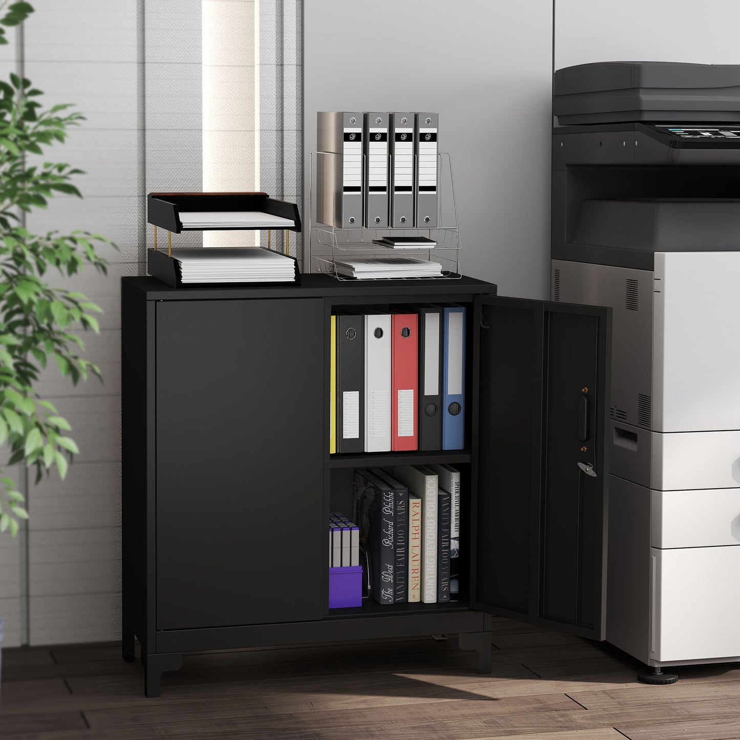 HOMCOM Büroschrank aus Metall, verschließbare Türen, Bürokommode, 2-stufiges Design, Schwarz