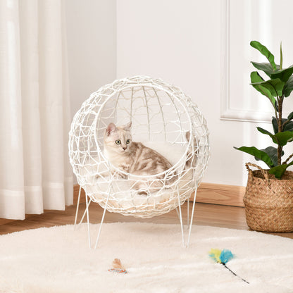 Pawhut Rattan Katzenkorb Katzenhöhle Katzenhütte Katzenbett mit Kissen erhöhtes Design Haustierbett Cremeweiß Ø45 x 57H cm
