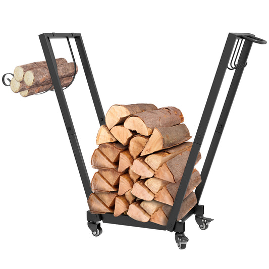 Outsunny Feuerholzgestell, trapezförmiges Design, pulverbeschichteter Metall, mobil mit Rollen, 79 x 30 x 81 cm, Schwarz