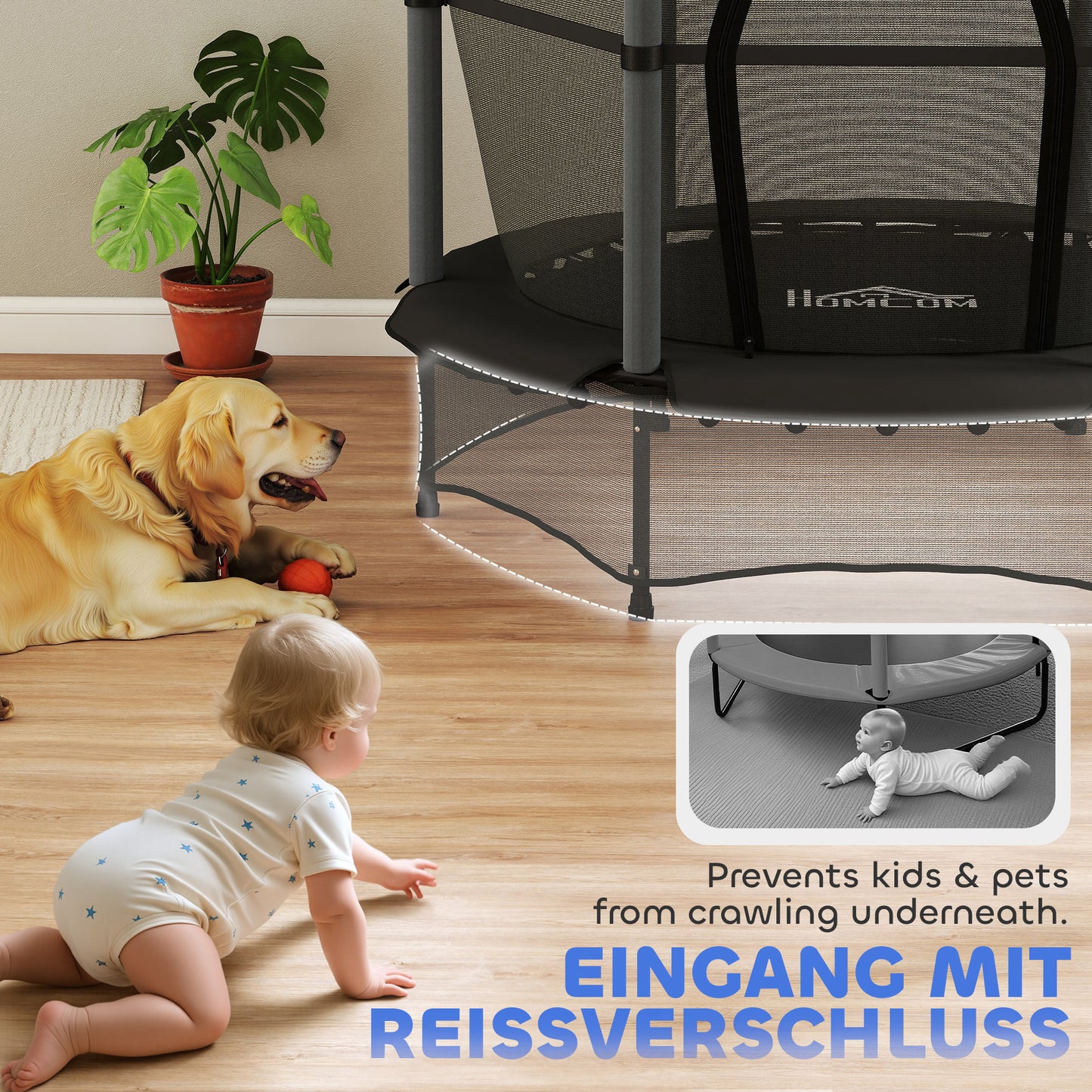 HOMCOM Trampolin für Kinder, Ø140 cm, mit Sicherheitsnetz, für innen und außen, Stahl, Kunststoff, belastbar bis 50 kg, Schwarz