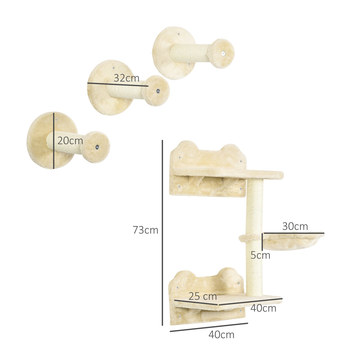PawHut Kletterstufen, Kletterwand, Katzentreppe, 4-tlg. Set, mit Kratzbaum, Hängematte, beige+cremeweiß, 40 x 28 x 73cm