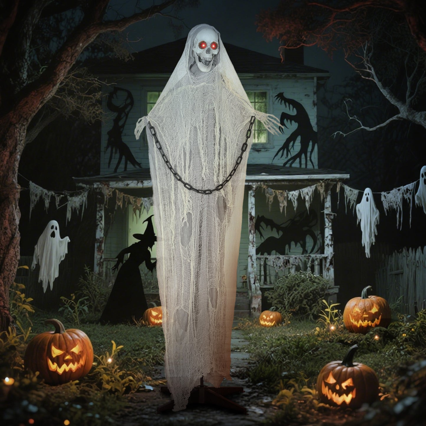 Outsunny Halloween Deko Sensenmann Outdoor 183cm Animiert Sprechende Halloween Sensenmann mit Leuchtenden Augen gruseligem Sound Halloweendeko Halloween-Dekoration für Tür Garten Party Hof Spukhaus