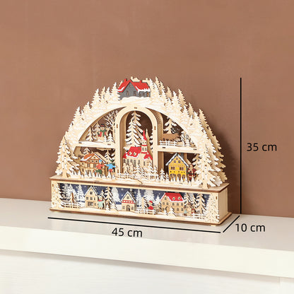 HOMCOM Weihnachtsdorf mit LED-Leuchtung, 45 cm Weihnachtsstadt mit Schneemann, Renntier und Bäume Naturholz