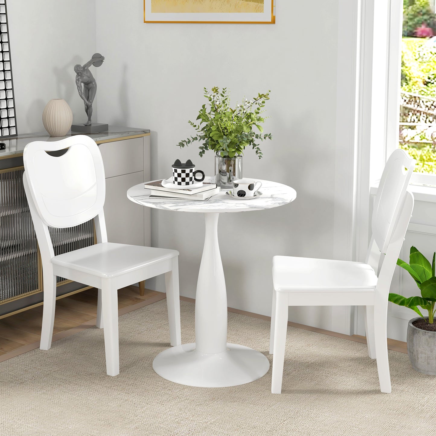 HOMCOM Runder Esstisch, pulverbeschichteter Stahl, MDF mit Melamin, rutschfeste Füße, 70 x 74 cm, Weiß