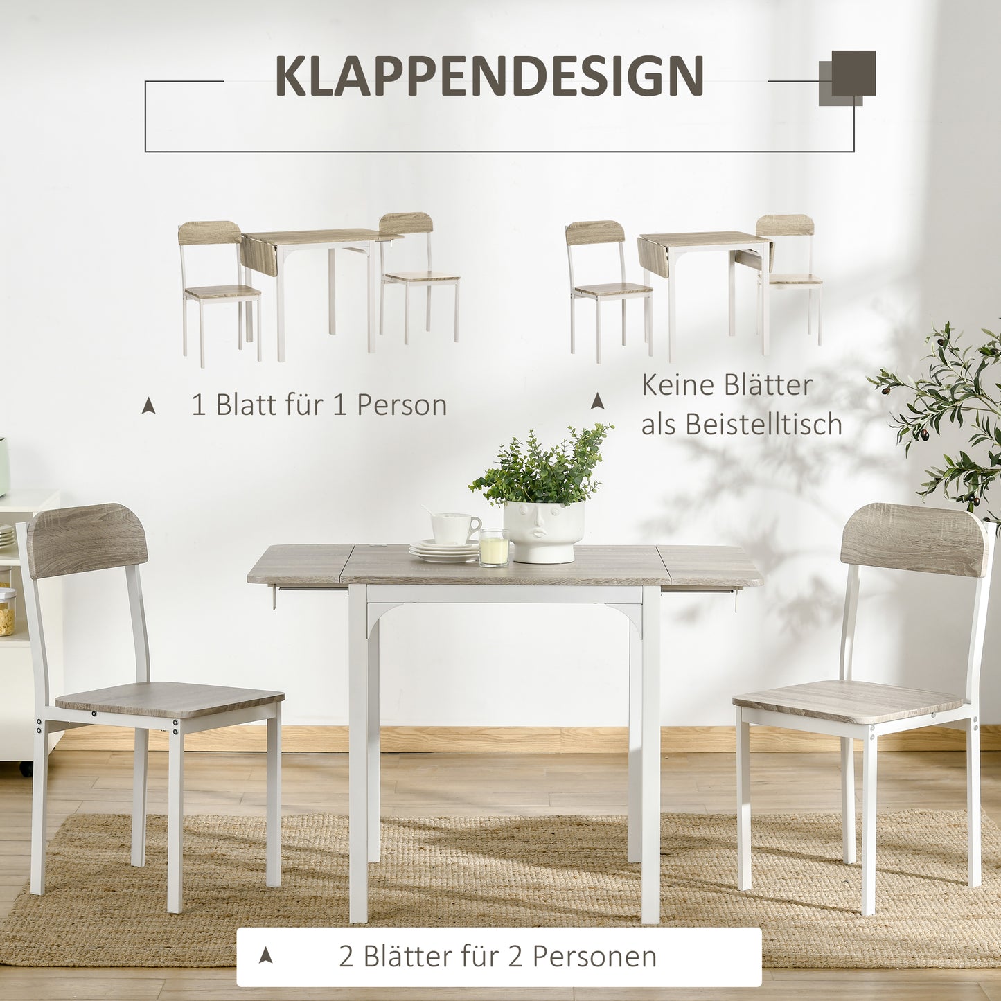 HOMCOM 2-teilige Sitzgruppe, Klappbarer Esstisch mit 2 Stühlen, Klapptisch, 110 cm x 70 cm x 75 cm, Weiß + Natur