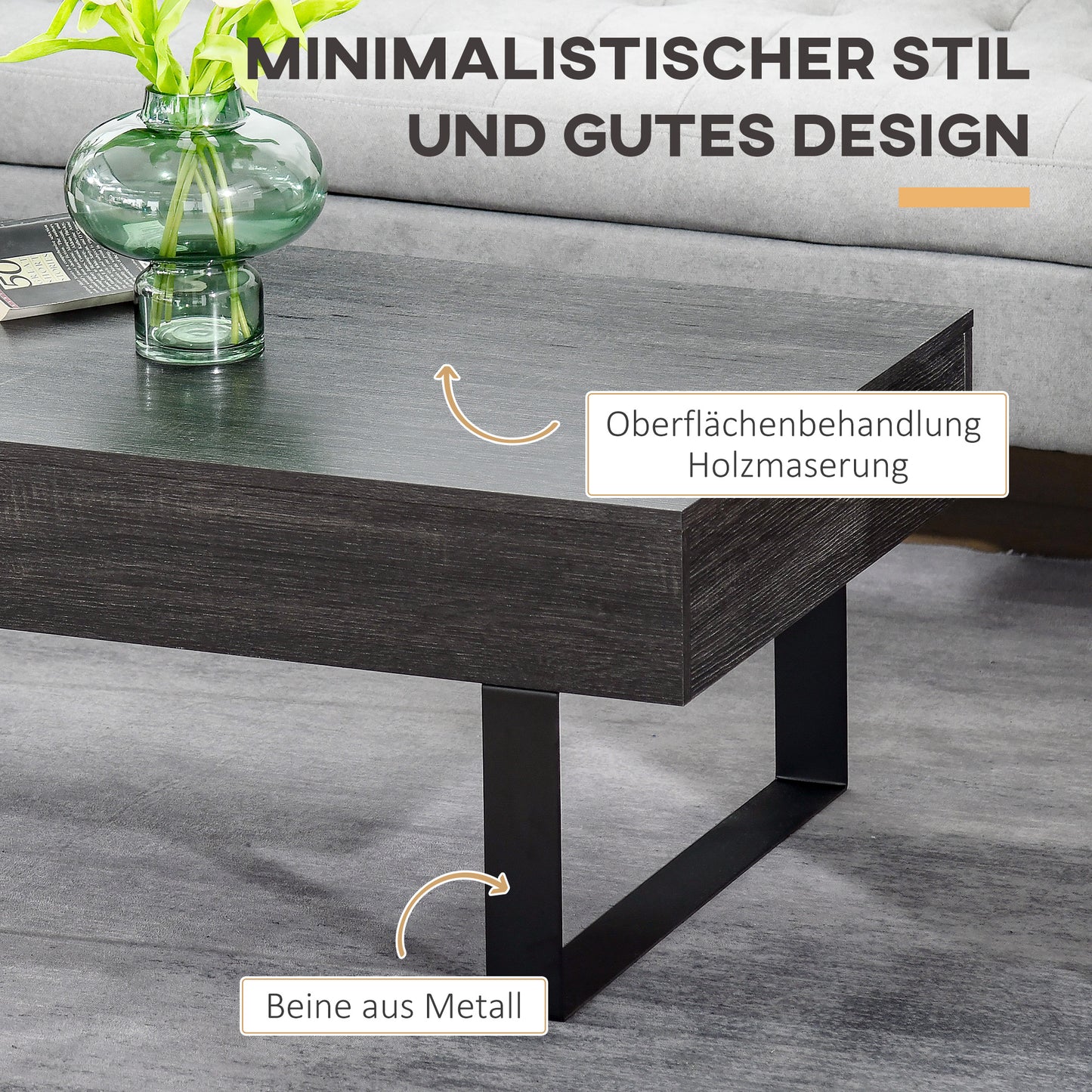 HOMCOM Couchtisch Wohnzimmertisch mit Schublade Modern Sofatisch mit Metallrahmen Beistelltisch Kaffeetisch für Wohnzimmer 110 x 60 x 40 سم، Dunkelgrau