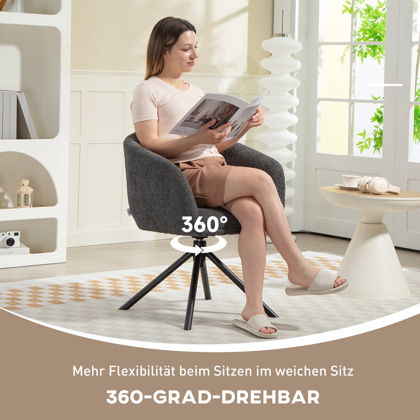 HOMCOM Sessel, Polsterstuhl mit bequemer Sitzschale, drehbar, kuscheliger Bezug, bis 120 kg, Dunkelgrau