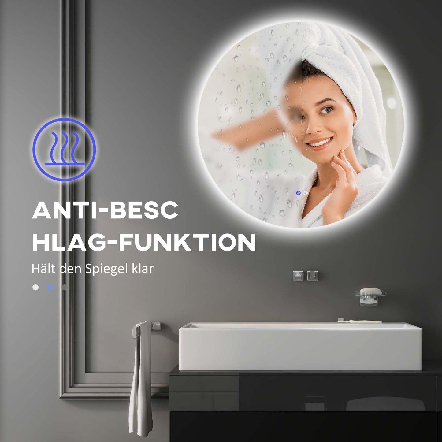 kleankin Badezimmerspiegel, LED, Farbwechsel, Antibeschlag, Touch-Schalter, IP44, Ø 60 cm, Weiß