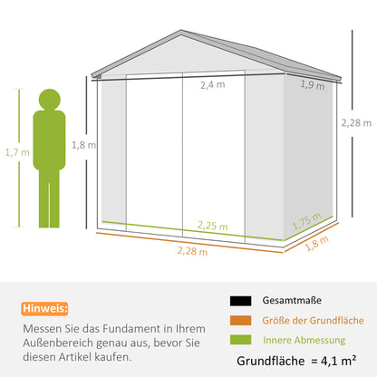 Outsunny Gerätehaus, Gartenhaus, Geräteschuppen mit Lüftungsfenster, Kunststoff, Metall, 240 x 190 x 180/228, Grau