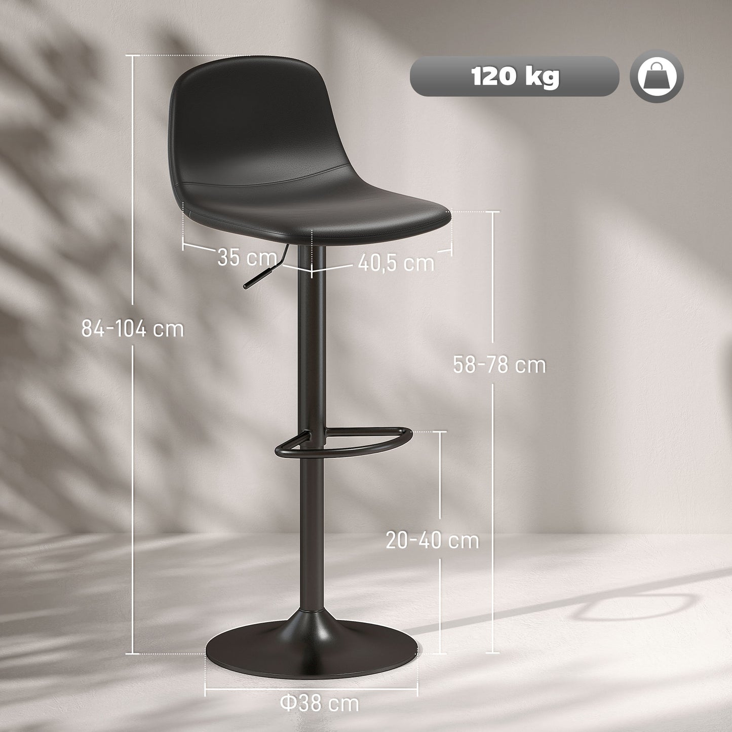 HOMCOM 2er-Set Barhocker، Barstühle mit Kunstlederbezug، drehbar، mit Rückenlehne und Fußstütze، Metallbasis، Schwarz