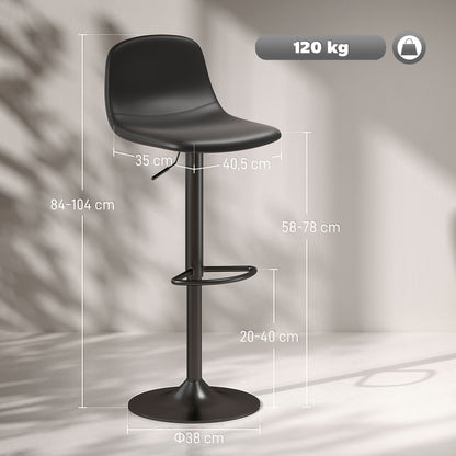 HOMCOM 2er-Set Barhocker، Barstühle mit Kunstlederbezug، drehbar، mit Rückenlehne und Fußstütze، Metallbasis، Schwarz