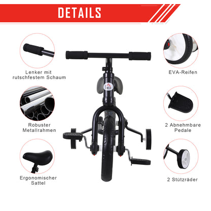 HOMCOM Kinder Laufrad ab 2-5 Jahre Lauflernrad mit Stützrädern، Pedalen، Höhenverstellbarem Sitz، دراجة التوازن Spielzeug für Kleinkinder Erste Geburtstag Geschenk، Schwarz