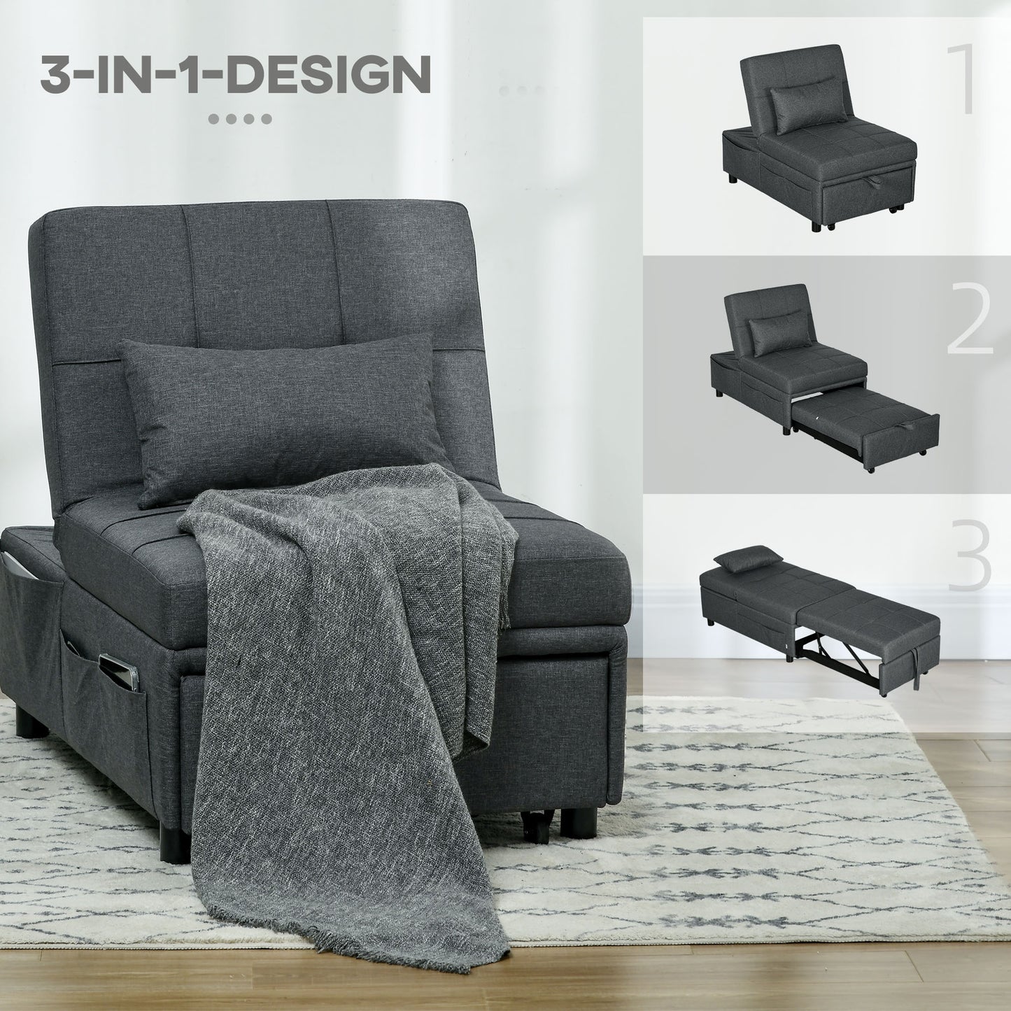 HOMCOM bequemer Liegesessel Schlafsessel 3-in-1 Sessel modern, bis 150 kg, Leinenoptik, inkl. Kissen, 65,5 x 104 x 81 cm, Dunkelgrau