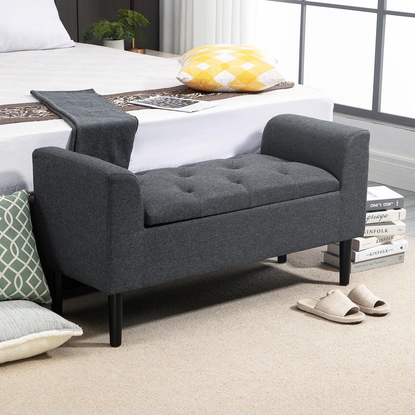 HOMCOM Sitzbank mit Stauraum، Polsterbank mit Leinenoptik، Holzbeine، Bettbank belastbar bis 130 كجم، für Wohnzimmer Schlafzimmer Flur، 116 × 44 × 58 سم Dunkelgrau