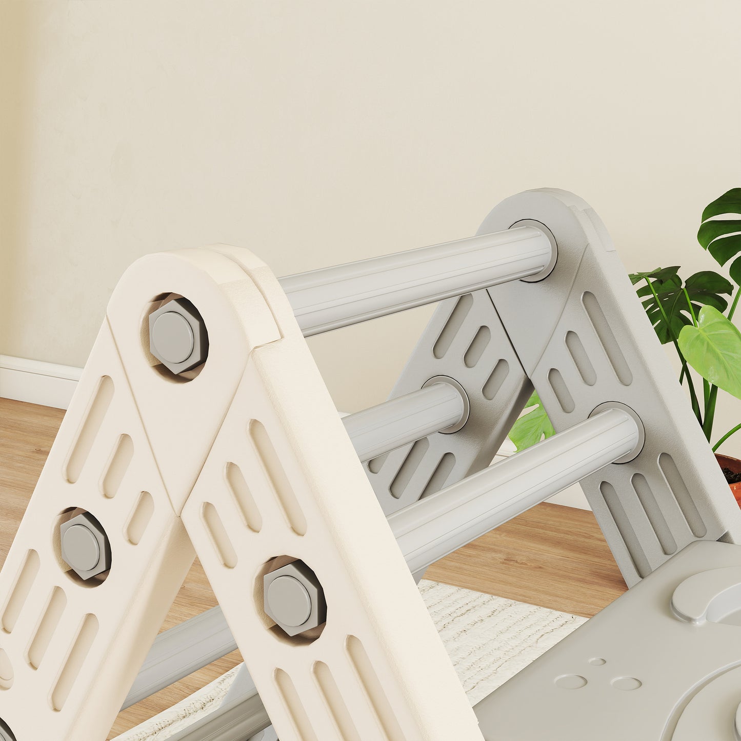 AIYAPLAY Klettergerüst Indoor, 5 in 1 Kletterdreieck mit Rutsche, Kletterbogen, inkl. doppelseitige Rampe, Spielplatz Indoor für Kinder 18-48 Monate, Grau+Weiß