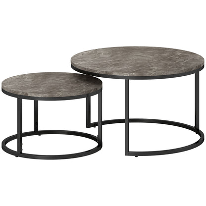 HOMCOM 2er-Set runde Couchtische، stapelbare Beistelltische mit Metallrahmen، Wohnzimmertisch في Marmoroptik، Kaffeetisch، Grau