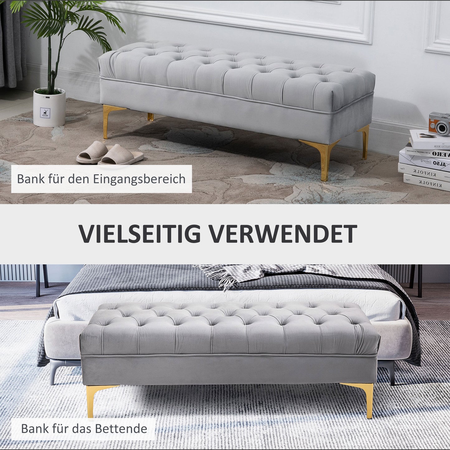 HOMCOM Sitzbank Bettbank Schuhbank mit erhöhten Beine Schlafzimmer Samt Hellgrau