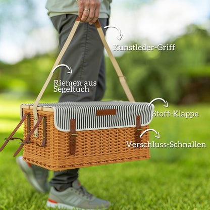 Outsunny Picknickkorb aus Weidenholz Picknickkoffer für 4 Personen mit Picknickdecke Besteck Set, Flascheöffner Hellbraun