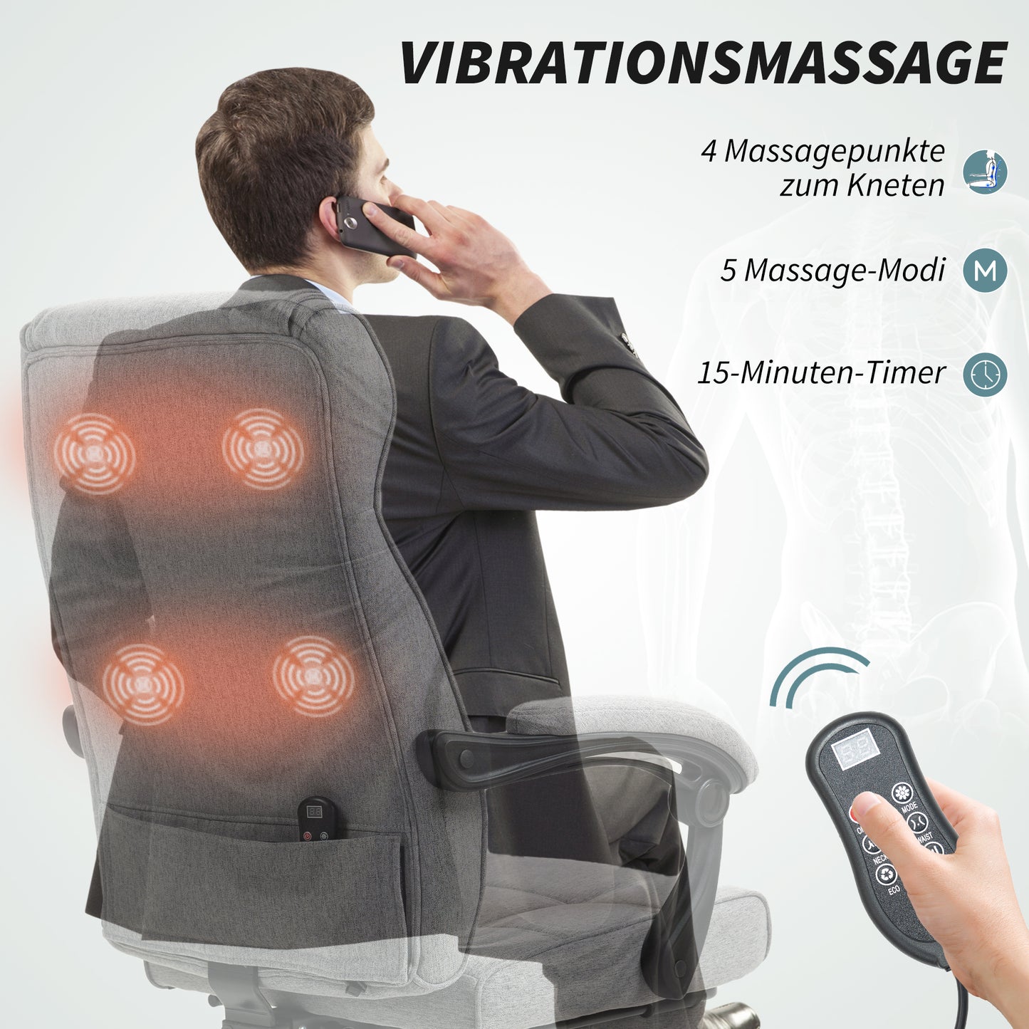 HOMCOM Bürostuhl mit Massagefunktion Ergonomischer Chefsessel mit Liegefunktion Fußstütze Grau
