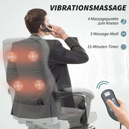 HOMCOM Bürostuhl mit Massagefunktion Ergonomischer Chefsessel mit Liegefunktion Fußstütze Grau