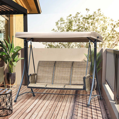 Outsunny 3-Sitzer Hollywoodschaukel, Gartenschaukel mit Sonnendach, Schaukelbank mit Ablage, Aluminium, 196 x 128 x 172 cm, Braun