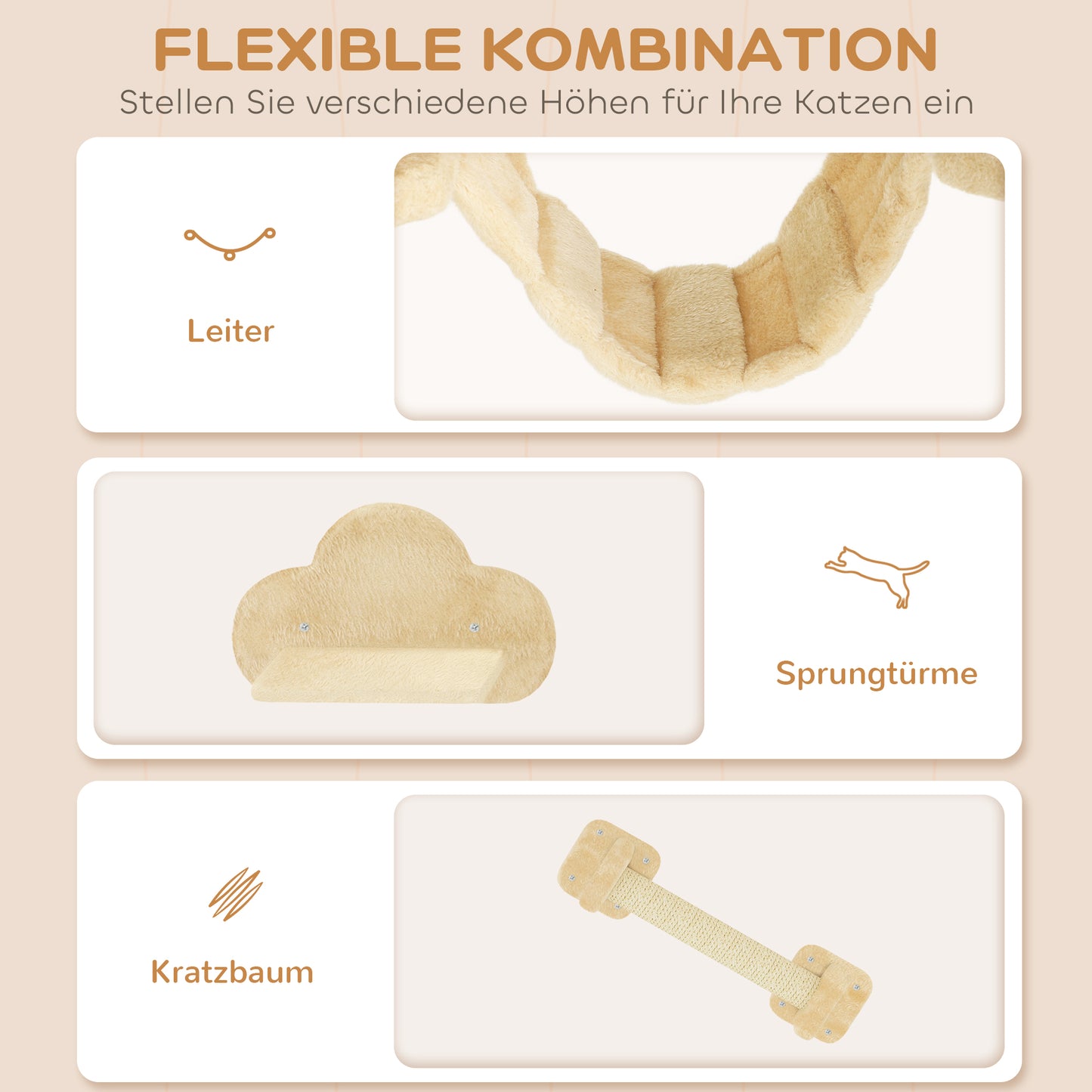 PawHut 5-teiliges Katzen-Kletterset mit Kratzpfosten, Sprungplattformen, Leiter, Haus, Wandmontage, Beige
