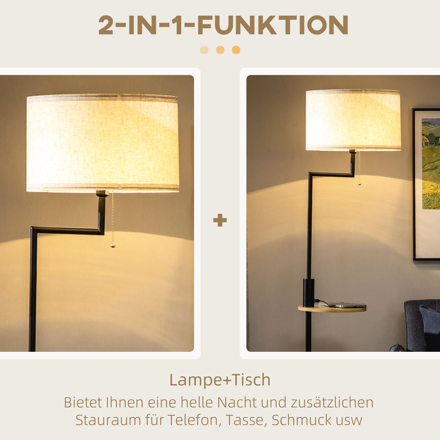 HOMCOM Stehleuchte inkl. Regal, Standleuchte, Kettenzug, E 27, 40 W, Bambus, Natur + Schwarz