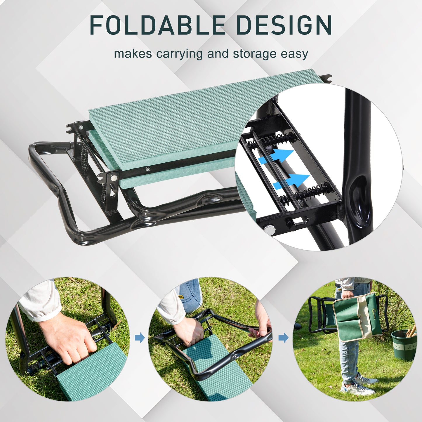 Outsunny Kniebank, Klappbarer Gartenhocker, 2-in-1, Kniehilfe, mit Werkzeugtasche, EVA-Schaumstoff, 58 x 28 x 49 cm