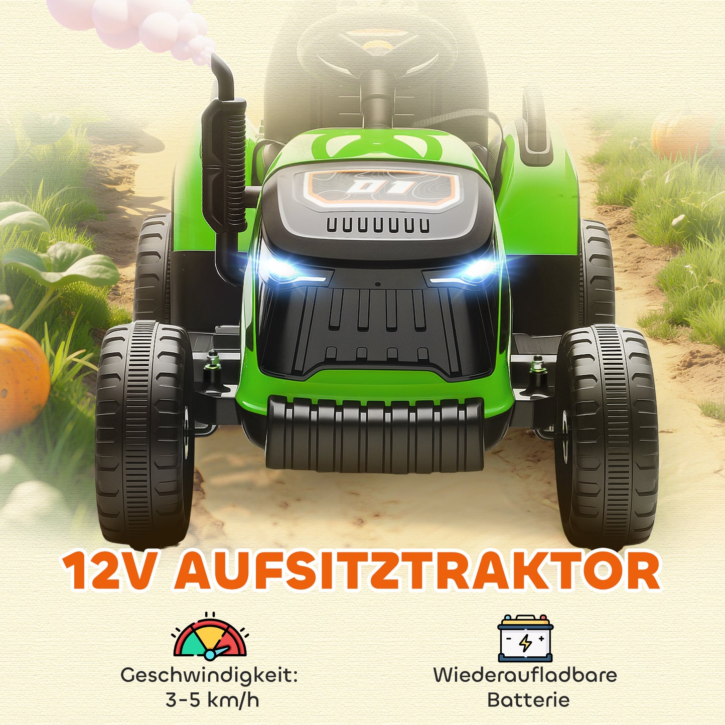 AIYAPLAY Elektrischer Kindertraktor, Aufsitz-Traktor mit Fernbedienung, Soft-Start, für Kinder im Alter von 3-8 Jahren, Grün