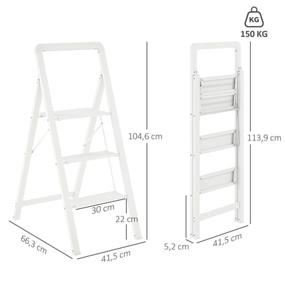 HOMCOM 3-stufige Trittleiter, Aluminum faltbar, rutschfeste Plattform, Weiß
