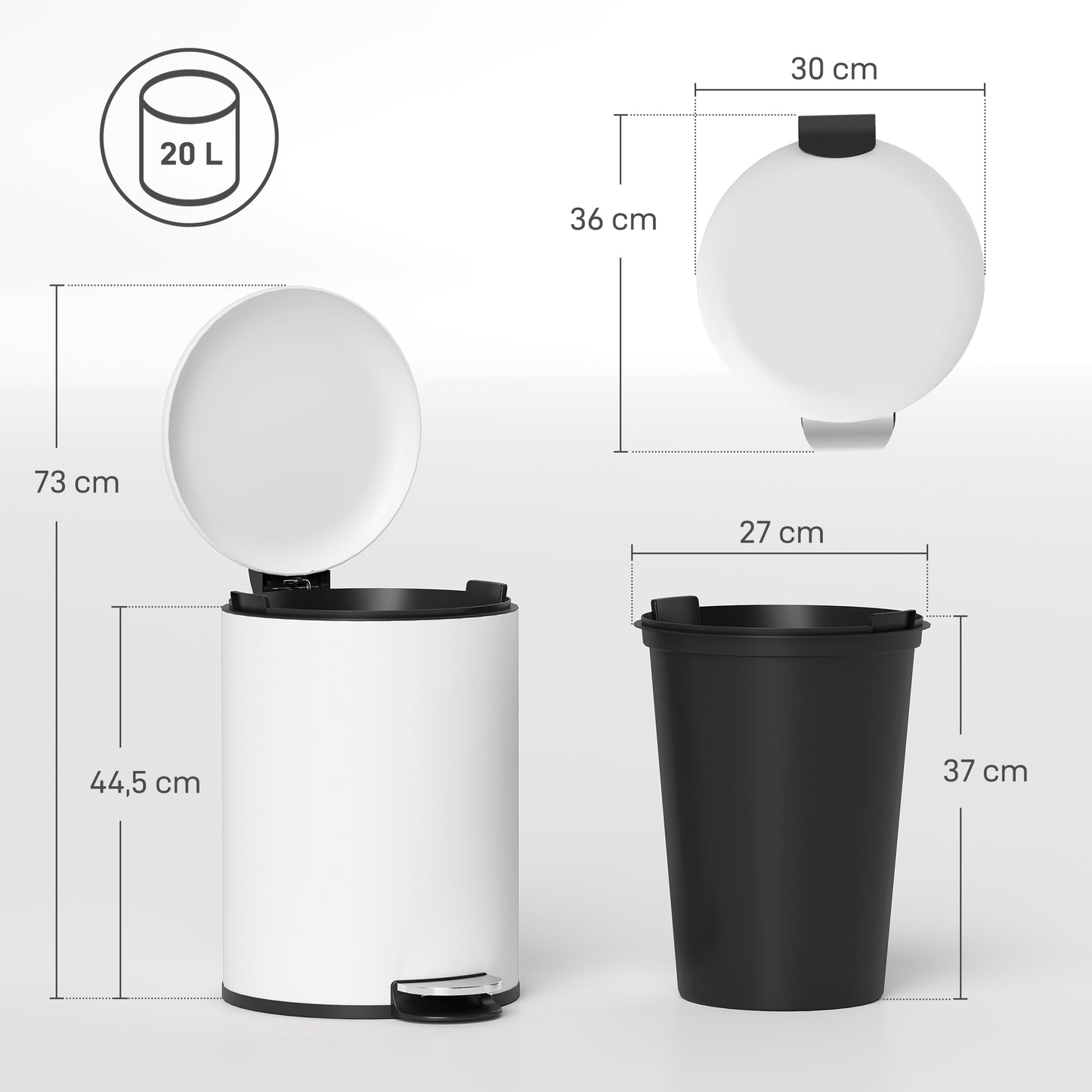 HOMCOM Mülleimer 20L, mit Pedal, Inneneimer, fingerabdrucksicher, leises Schließen, Cremeweiß