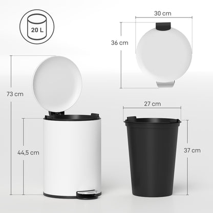 HOMCOM Mülleimer 20L, mit Pedal, Inneneimer, fingerabdrucksicher, leises Schließen, Cremeweiß