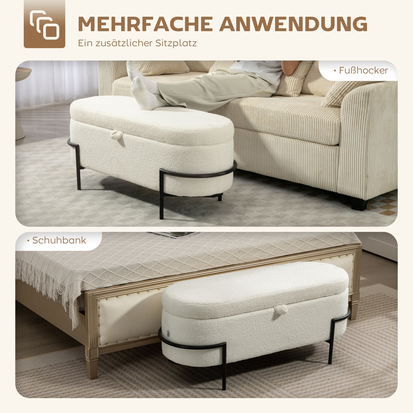 HOMCOM Aufbewahrungs-Hocker, Sitzhocker mit Deckel und Stauraum, Stahlbeine, Polsterhocker mit Fleece-Bezug, Cremeweiß