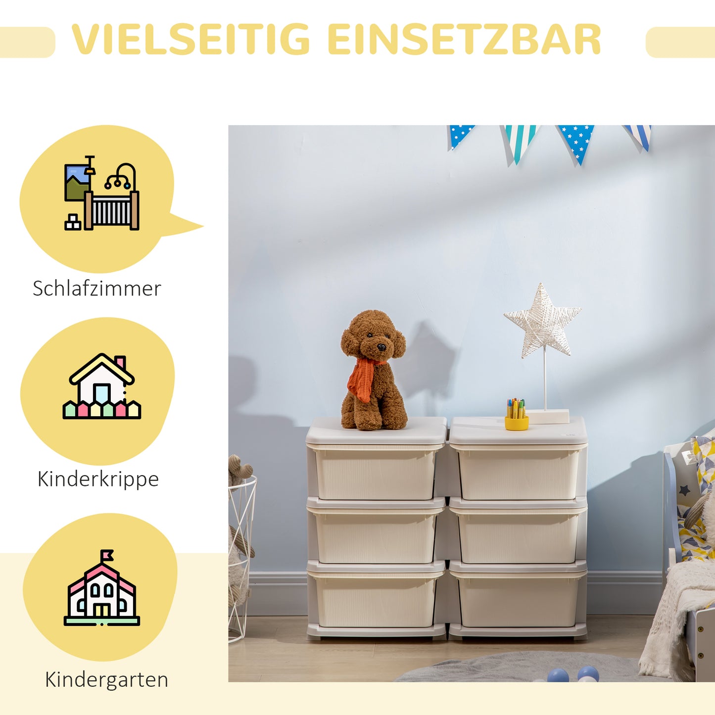 HOMCOM Aufbewahrungsbox für Kinder, Kinder-Aufbewahrungsbox, 3 Schubladen, Weiß