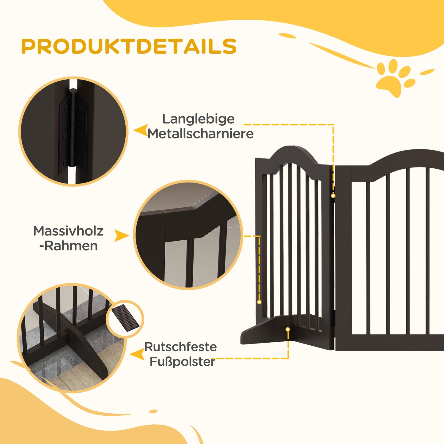 PawHut Hunde-Absperrgitter, 3 Paneele, klappbar, Massivholz und MDF, 154,5 x 29,5 x 61 cm, Kaffee
