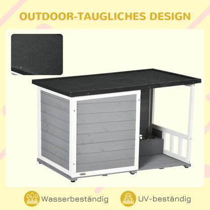 PawHut Hundehütte aus Massivholz، mit 2 Fressnäpfen، Veranda، wetterbeständig، 103 سم × 62 سم ​​× 66 سم، Grau + Weiß