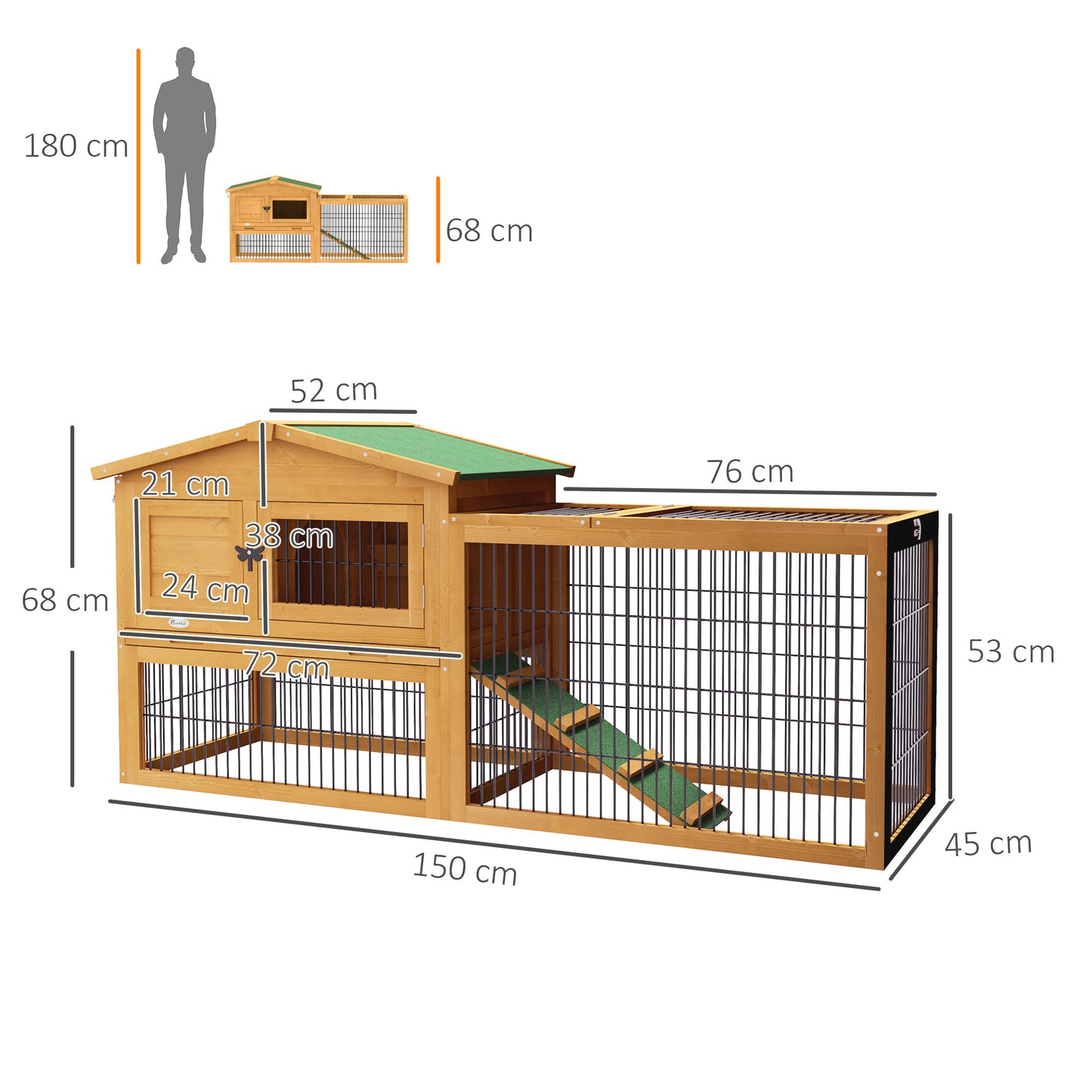 PawHut Hasenstall 2 Ebenen Kaninchenstall Tannenholz Winterfest Doppelstockhaus mit Freilaufgehege Rampe 150x52x68 cm Gelb