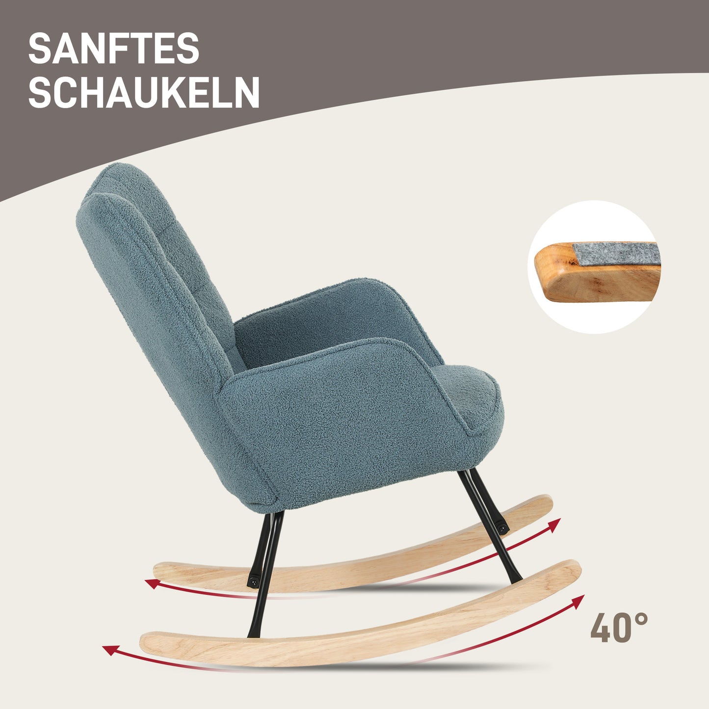 HOMCOM Schaukelstuhl, ergonomische Form, Echtholzkufen, bis 120 kg, Hellblau
