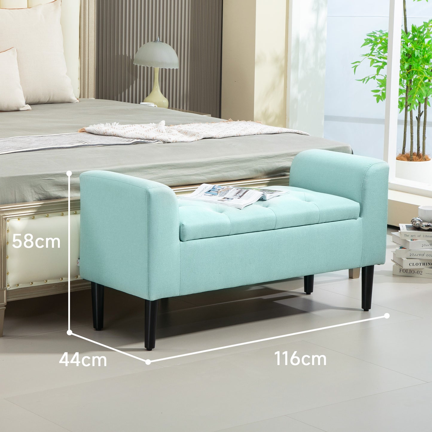 HOMCOM Sitzbank mit Stauraum, Polsterbank, belastbar bis 130 kg, Leinenoptik, Kautschukholz, 116 x 44 x 58 cm, Grün