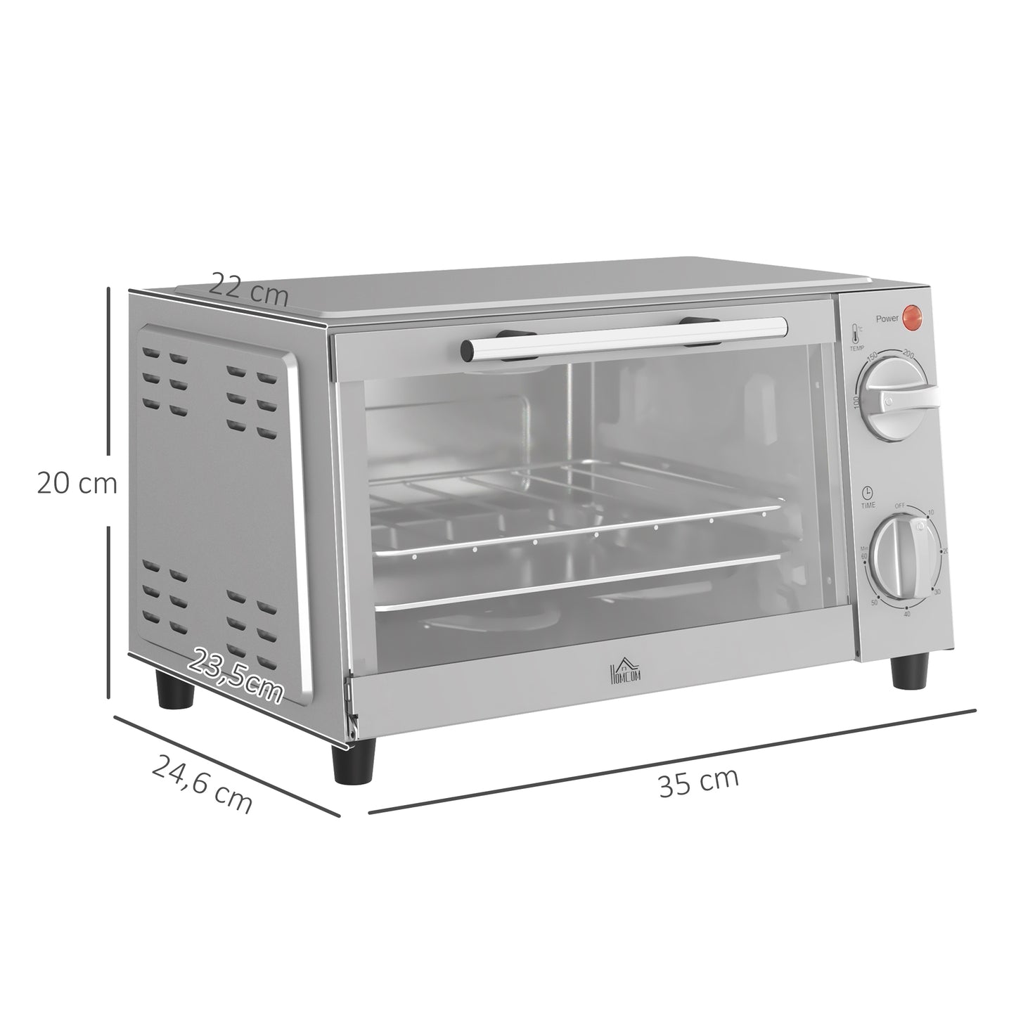 HOMCOM Minibackofen, 9 L Mini-Ofen mit Backblech, Grillrost, mit einstellbarer Temperatur und Garzeit, Edelstahl, Silber