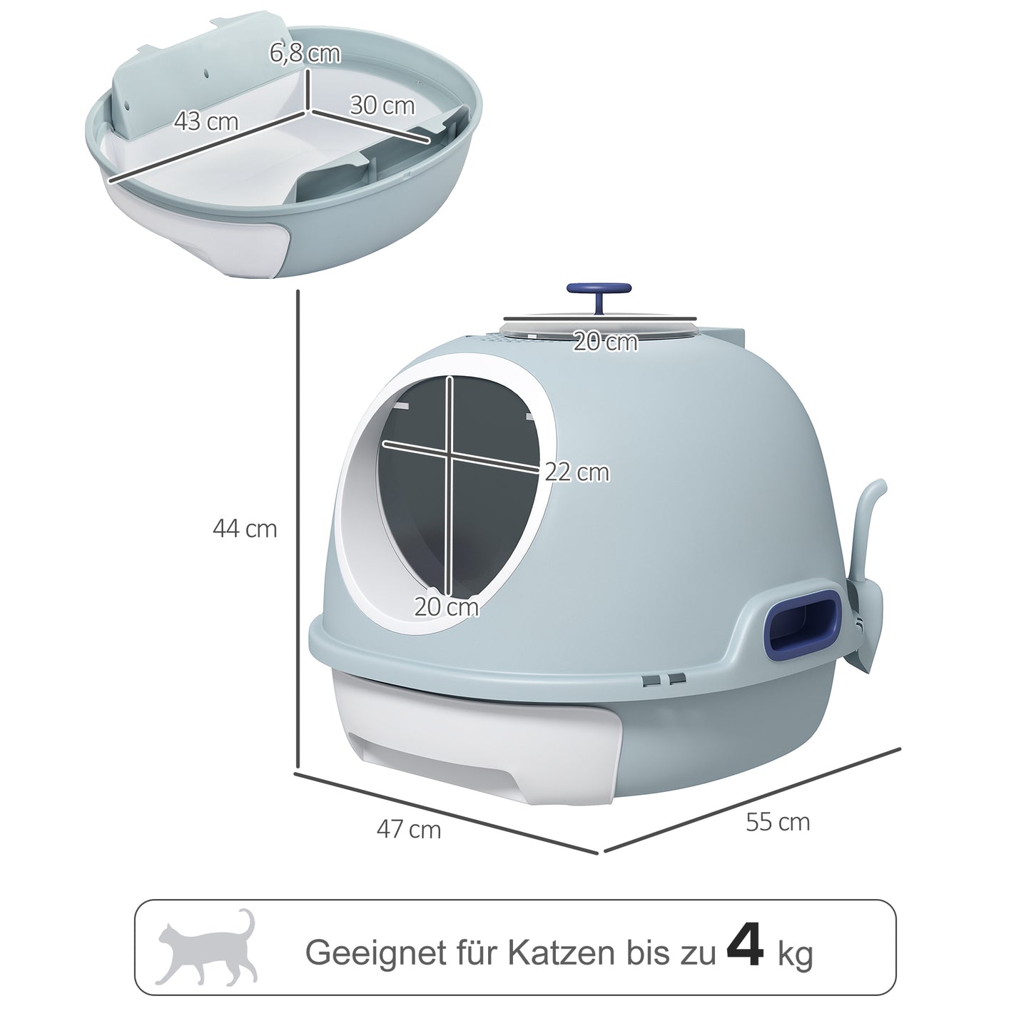PawHut Katzentoilette mit Dachfenster, Katzenklo mit Bodenschale, mit Schaufel, Tragbar, PP ABS, See-Blau, 47 x 55 x 44 cm