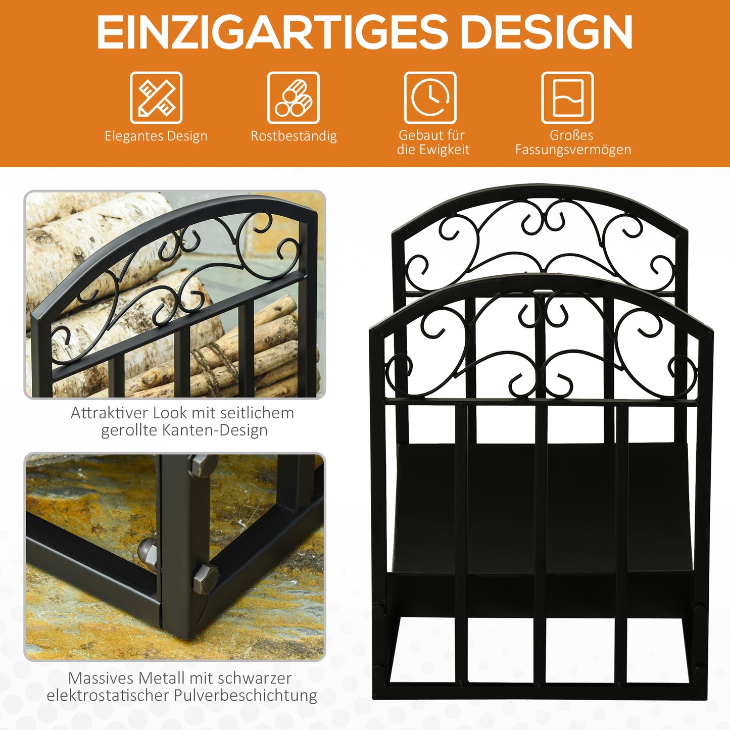 Outsunny Kaminholzregal Kaminholzständer Brennholzregal 60 كجم belastbar Feuerholzablage Kaminwerkzeug Metall Schwarz 60,5 x 36 x 46,5 سم