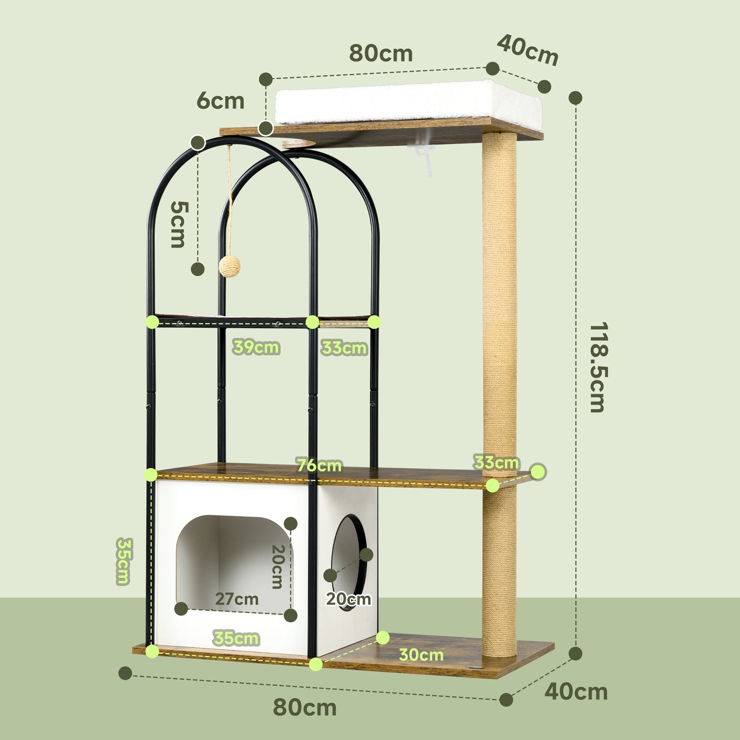 PawHut Kratzbaum, 4 Etagen, Katzenhaus, Spielball, Kippschutz, 80x40x118,5 cm, Braun/Weiß