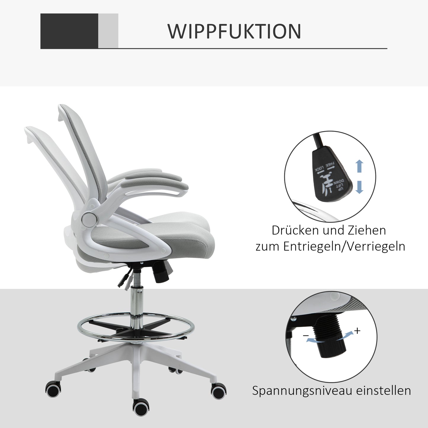 Vinsetto Bürosessel, Schreibtischstuhl, Stehfunktion, mit Fußablage, drehbarer Sitz, Stahl, schwarz, 64 x 60 x 106-126cm