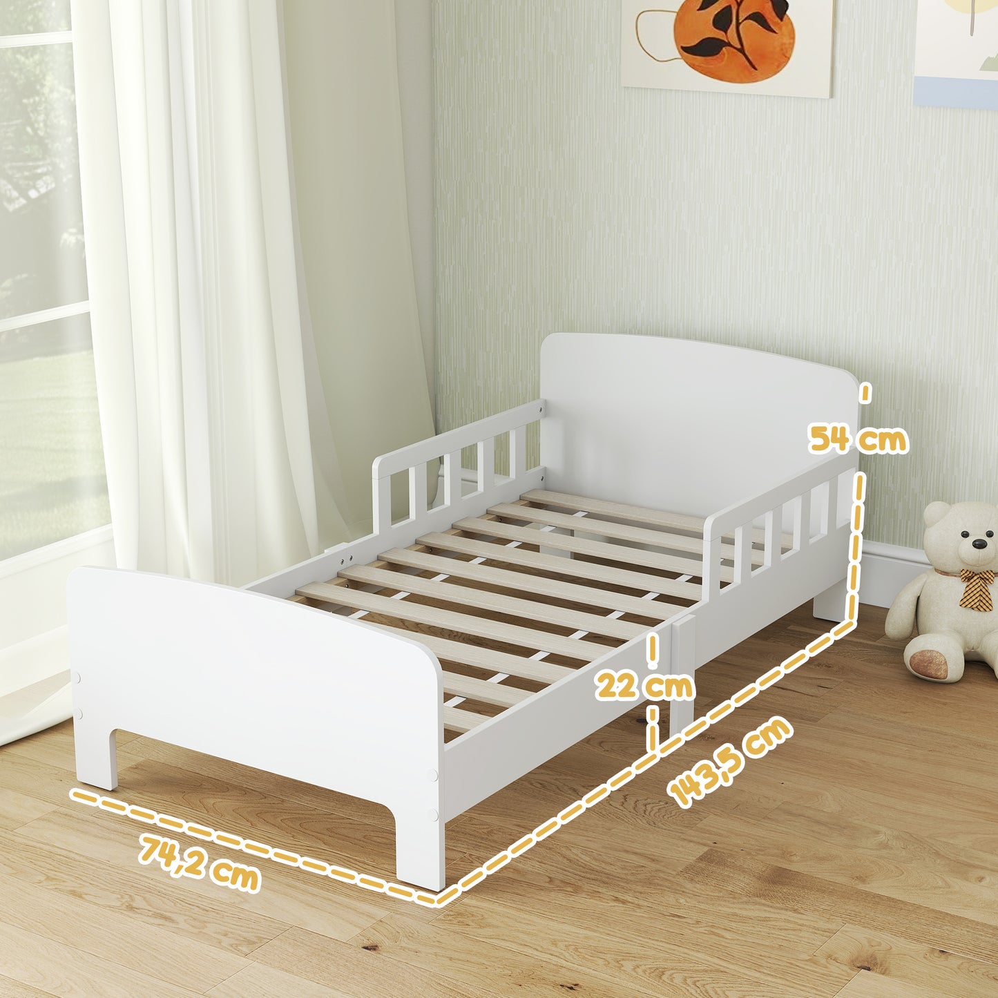 AIYAPLAY Kinderbett mit Sicherheitsschienen, Kleinkinderbett für Kinder im Alter von 3-8 Jahren, MDF, Weiß