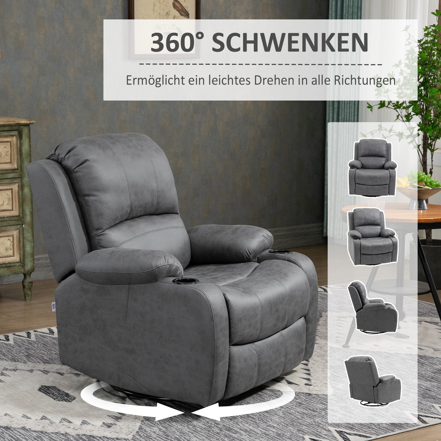 HOMCOM Relaxsessel mit Fußstütze und Liegefunktion, inkl. Getränkehalter, Fernsehsessel, 87 cm x 95 cm x102 cm, Grau